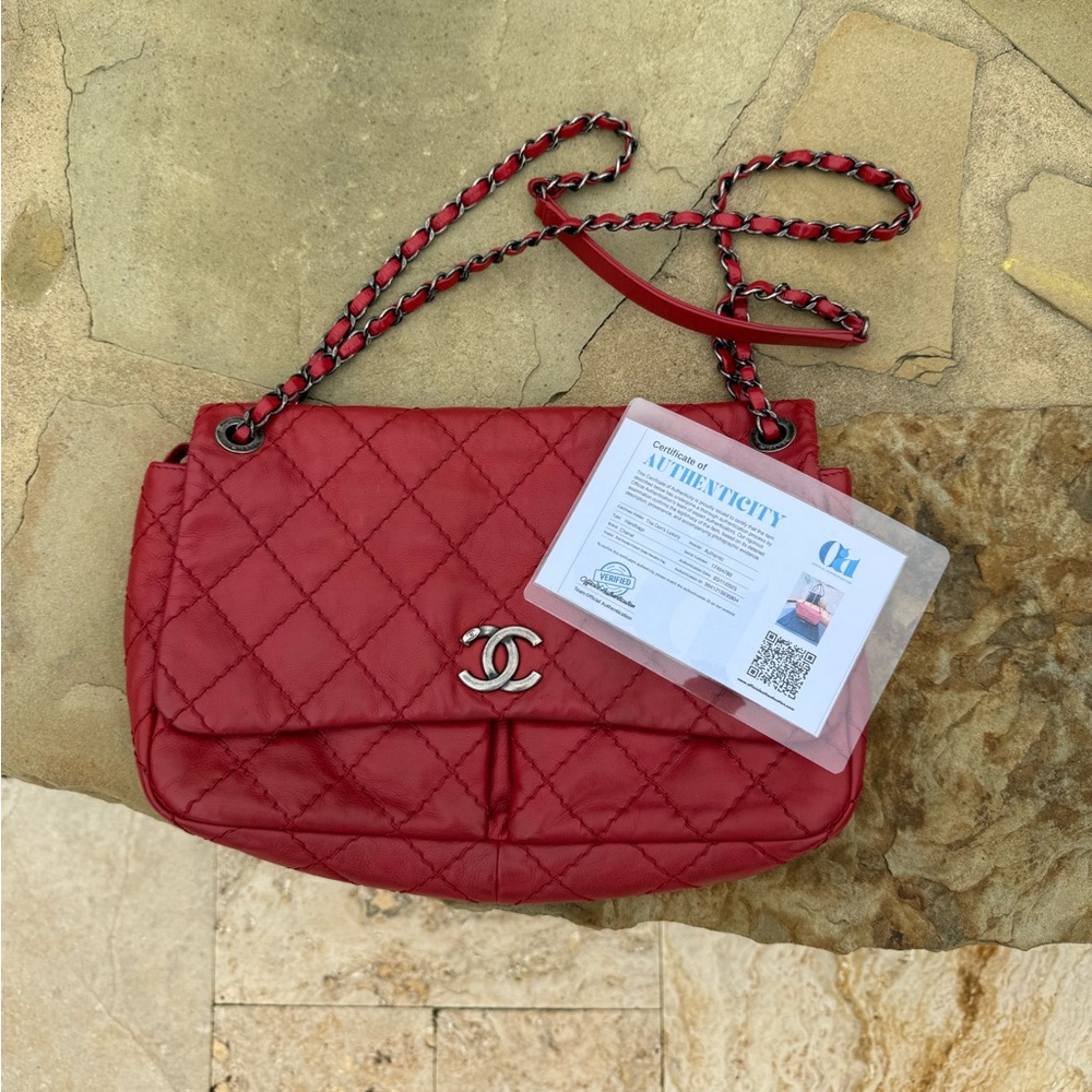 Authentic CHANEL Red Leather Single Flap Silver Hardware RARE! EUC